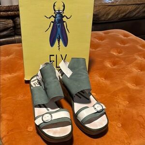 Fly London Women's sage Green/white wedge Sandals